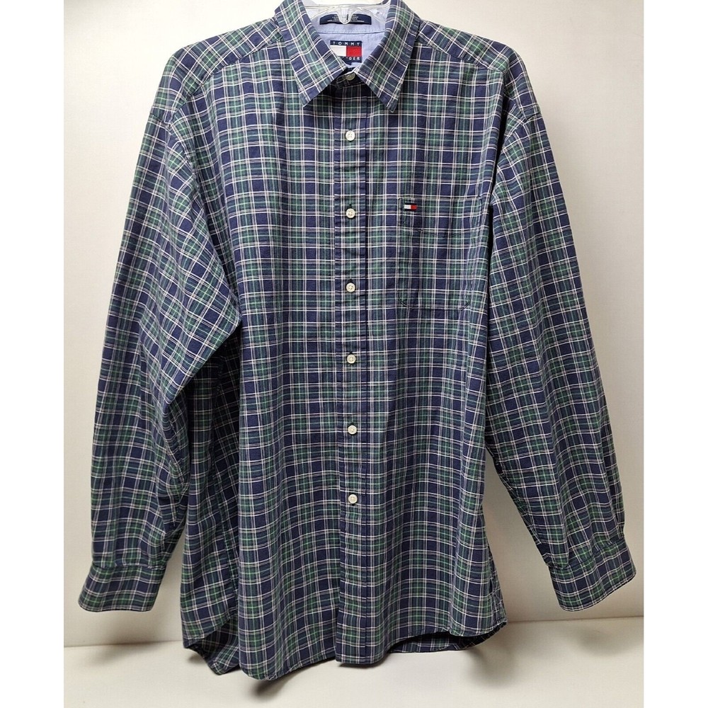 Vtg. '90s Tommy Hilfiger Flag Button Up Shirt Green/Navy Blue Plaid Men’s L